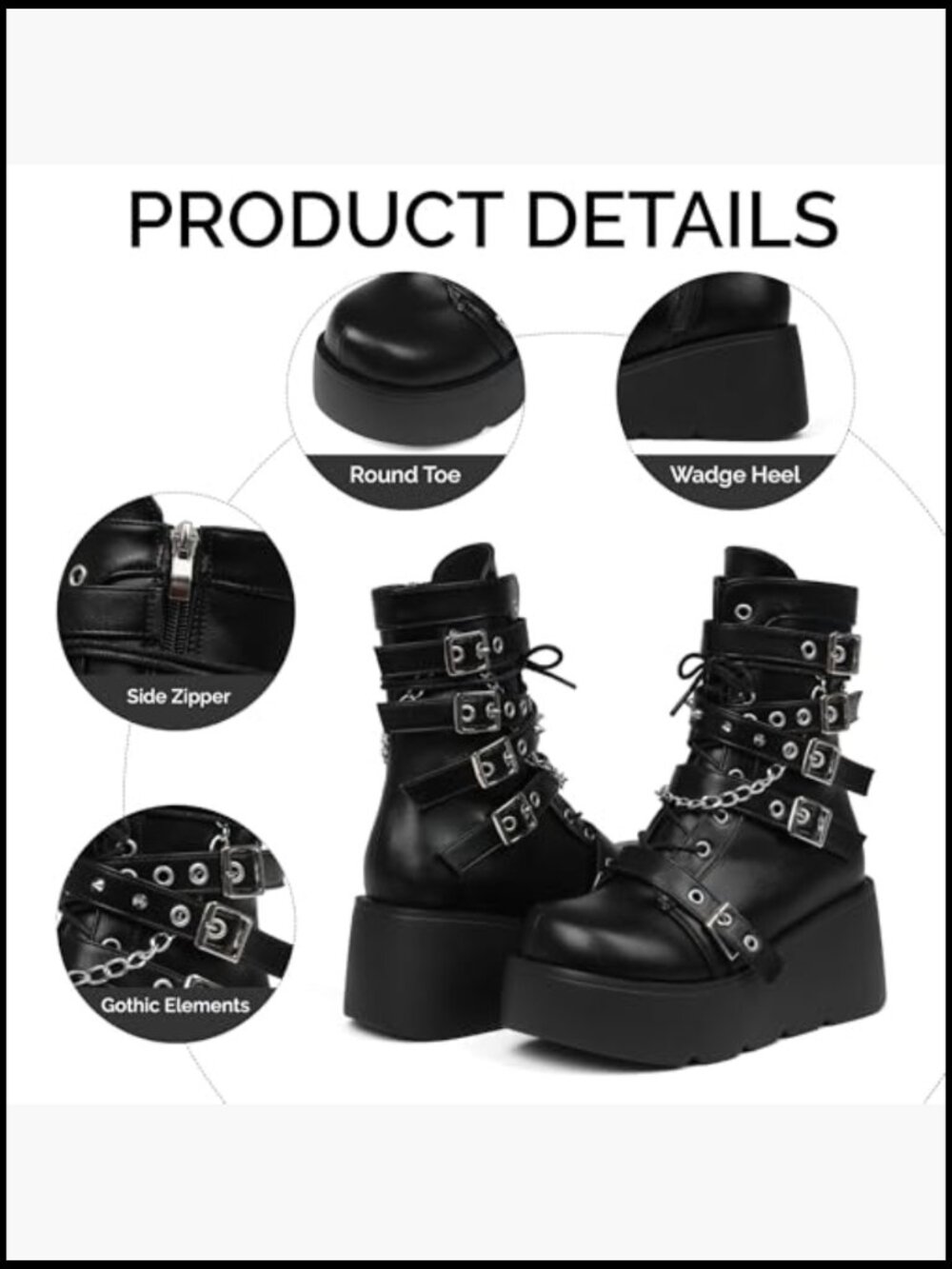 Gothic Platform Ankle Boot Side Zip Round Toe Wedge Buckle Combat Rave Chunky - Picture 5 of 7